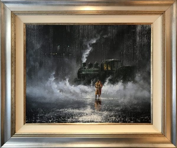 Jeff Rowland stormy train grey rain clouds yellow figure dark contemporary detailed original
