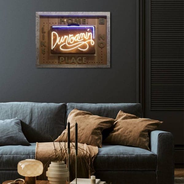 Courty light yellow blue neon sign contemporary writing dunroamin wood briefcase original