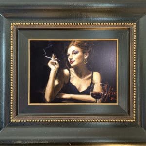 Vibrant red-haired girl, striking pose, painted by Fabian Perez.
