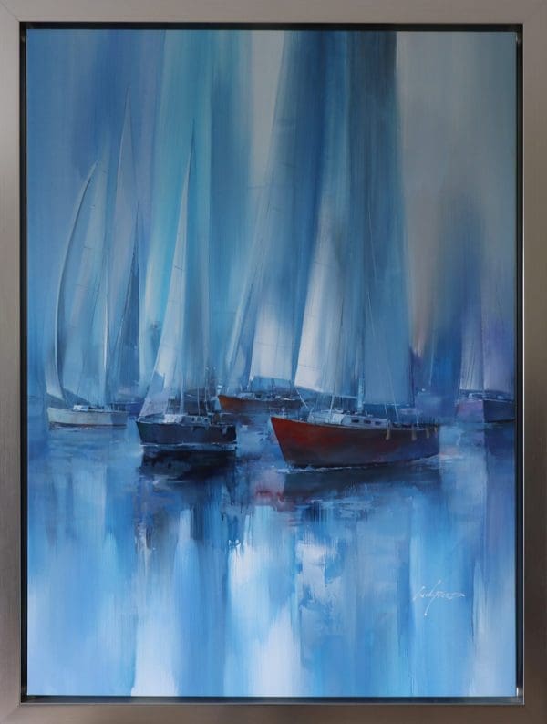 Wilfred Lang canvas acrylic blue red sail boats marine ocean yachts water wind contemporary original