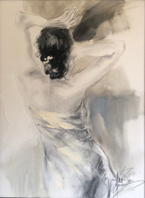 Anna Razumovskaya woman sketch oil charcoal white dress model pose original