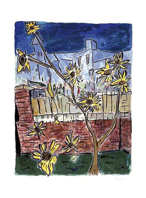 Bob Dylan flowers sunny 2010 standard brick wall americana vivid musician blue red green collectable