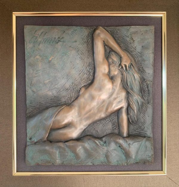 Bill Mack bronze sculpture relief nude woman arm long hair copper patina green