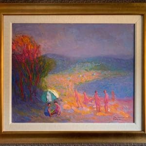 Constantine Cherkas beach landscape bright colours green blue red pink vivid dreamy sun holiday figures swim original oil