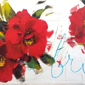 Antonio Massa red poppy flower white wall blue writing contemporary original oil canvas