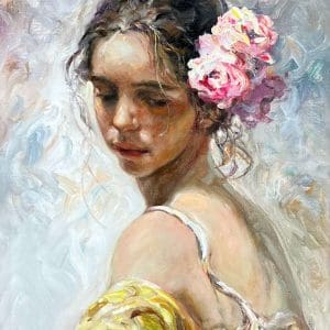 Jose Royo canvas oil woman flower hair rose pink blue yellow thick brushstrokes shoulder shrug bust original
