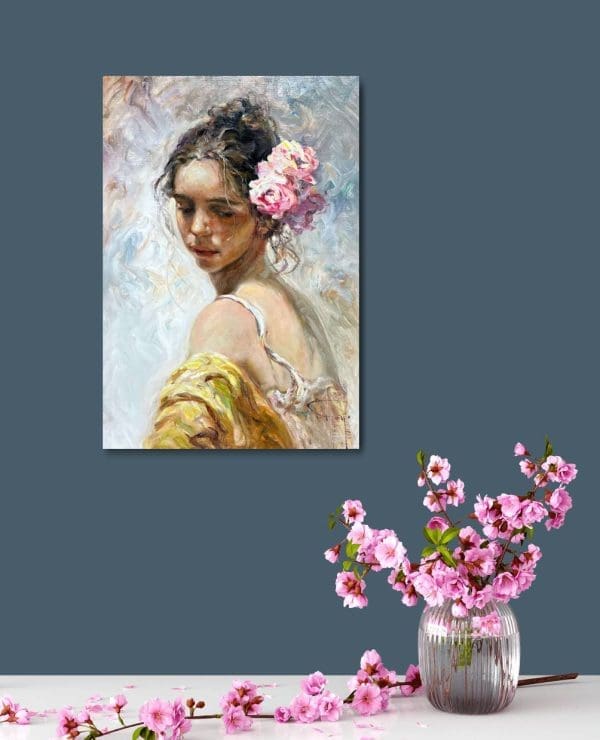 Jose Royo canvas oil woman flower hair rose pink blue yellow thick brushstrokes shoulder shrug bust original