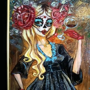 Todd White acrylic Mexican day of the dead mask woman blonde black red blue dress original