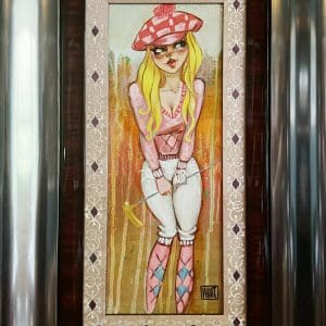Todd White acrylic canvas woman golf pink white chequered club blonde argyle figurative original