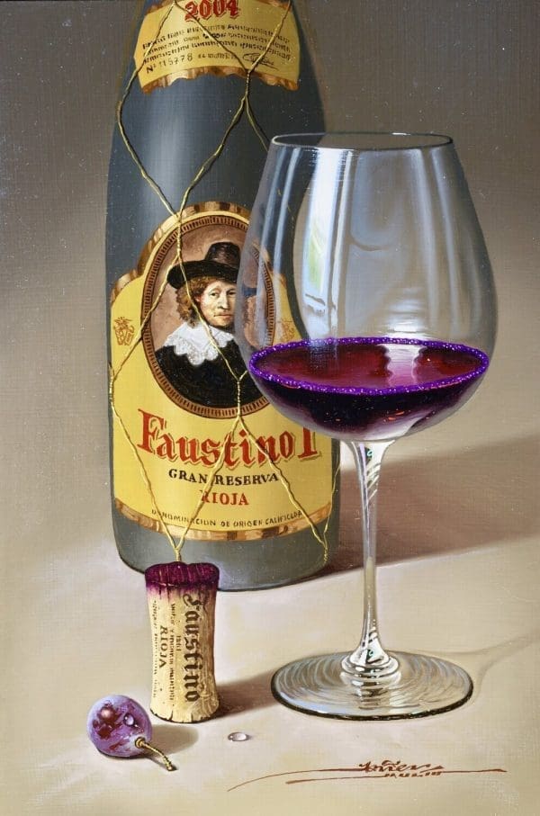 Javier Mulio oil board wine glass bottle still life realistic cork contemporary vivid original