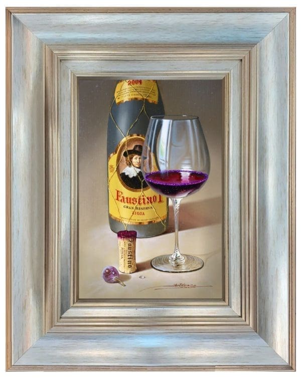 Javier Mulio oil board wine glass bottle still life realistic cork contemporary vivid original