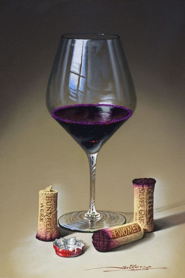 Javier Mulio board oil wine glass three corks still life realism red wine contemporary original