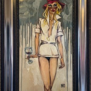 Todd White acrylic woman wine glass red white contemporary hat shirt figurative original canvas