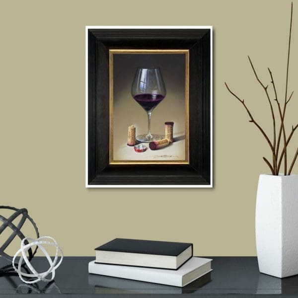 Javier Mulio board oil wine glass three corks still life realism red wine contemporary original