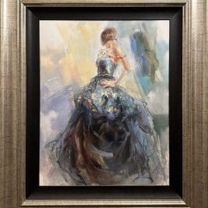 Anna Razumovskaya oil canvas spring woman dress pose contemporary blue black figurative original