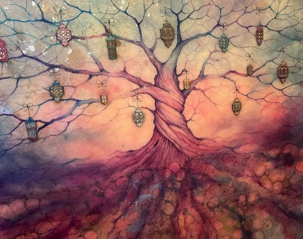 Kerry Darlington abstract red willow tree roots lights lanterns countryside magical fairy pink original