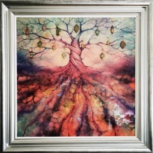 Kerry Darlington abstract red willow tree roots lights lanterns countryside magical fairy pink original