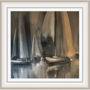 Wilfred Lang acrylic canvas grey morning sunlight golden hour yachts white boats harbour marine sea wind dreamy original