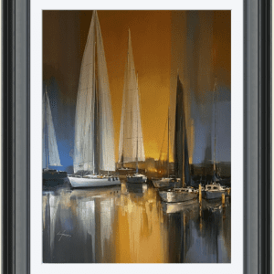 Wilfred Lang acrylic boats yachts sails harbour marine ocean sailing golden hour sunshine morning dusk light yellow orange grey
