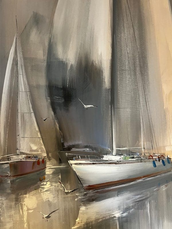 Wilfred Lang acrylic canvas grey morning sunlight golden hour yachts white boats harbour marine sea wind dreamy original