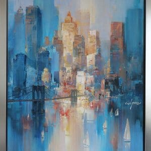 Wilfred Lang Original acrylic canvas New York blue morning cityscape abstracted bridge boats busy golden hour