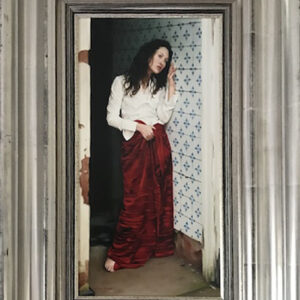 John Waterhouse female figure red cloth skirt doorway luxurious romantic sensual exotic contemporary oil painting canvas