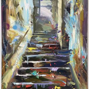 Original oil on linen painting for sale depicting staircase vibrant colours Paul Wright
