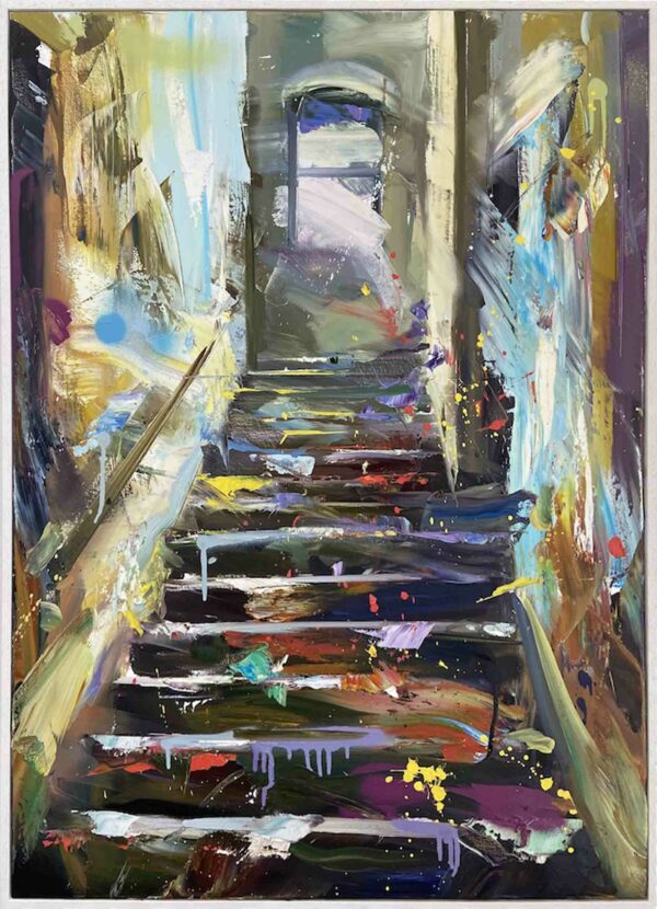 Original oil on linen painting for sale depicting staircase vibrant colours Paul Wright