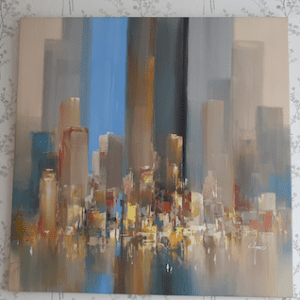 Wilfred Lang cityscape new york blue canvas skyscraper buildings towers dreamy bustling contemporary for sale