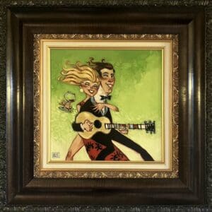 Todd White rare original green abstract woman blonde hair wine suit man guitar music canvas for sale contemporary figurative