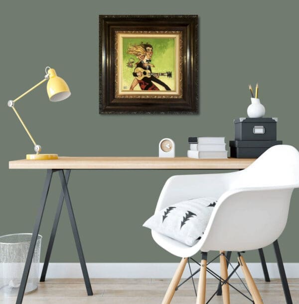 Todd White rare original green abstract woman blonde hair wine suit man guitar music canvas for sale contemporary figurative INROOM