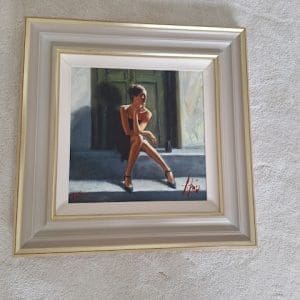 Fabian Perez allure romance woman black shoes dress doorstep door green sunset golden smile sensual contemporary for sale