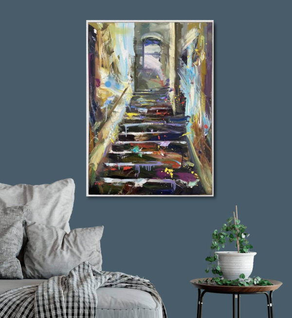 Original oil on linen painting for sale depicting staircase vibrant colours Paul Wright - inroom
