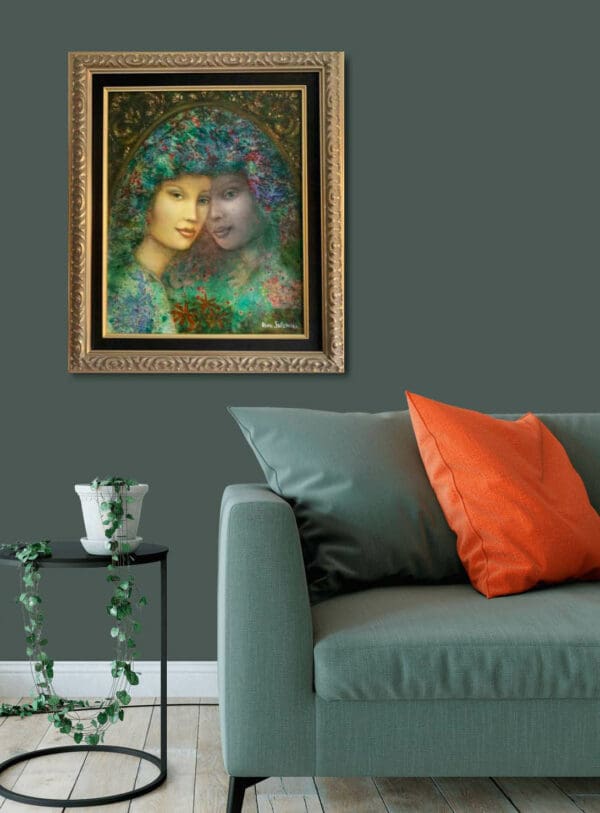 Rina Sutzkever green fantasy folk raphaelite millais opehlia woman portrait abstracted contemporary for sale