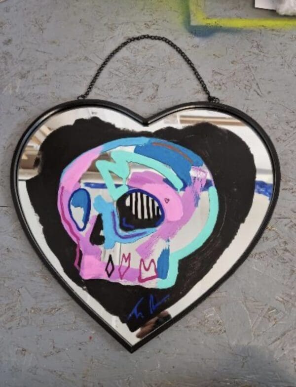 Tim Fowler memento mori spray paint mirror contemporary skull artwork for sale pink blue for sale