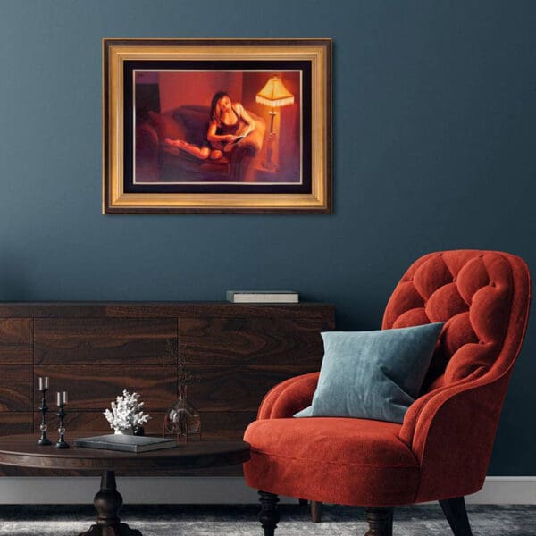 Carrie Graber woman relaxing reading sofa settee lamp vintage kitsch contemporary figurative painting oil sale