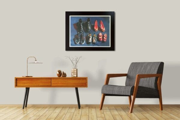 Ainslie Roddick shoes family connection growth high heels black dress shoes plimsols red mary janes blue background painting oil contemporary