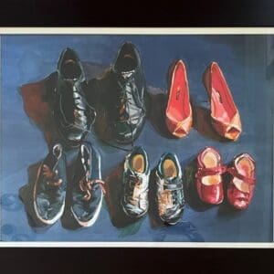 Ainslie Roddick shoes family connection growth high heels black dress shoes plimsols red mary janes blue background painting oil contemporary