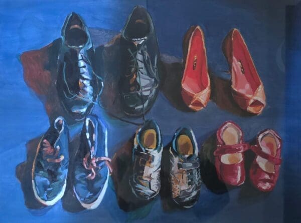 Ainslie Roddick shoes family connection growth high heels black dress shoes plimsols red mary janes blue background painting oil contemporary