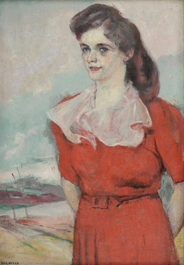 Alfred Wolmark collectable modern original oil canvas red dress english eastern painter collectable unique painting