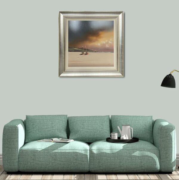 Allan Morgan beach landscape boats yachts sunset sunrise calm warm light seagulls serene contemporary oil board marine