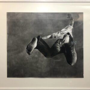 Patsy McArthur commissiong jump monochrome black white framed charcoal paper falling man photograph contemporary figurative