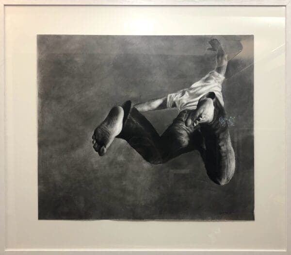 Patsy McArthur commissiong jump monochrome black white framed charcoal paper falling man photograph contemporary figurative