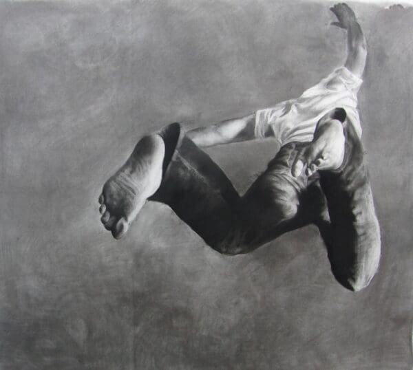 Patsy McArthur commissiong jump monochrome black white framed charcoal paper falling man photograph contemporary figurative