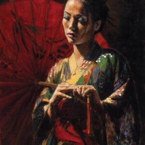 Fabian perez red woman kimono umbrella Japanese east Asian romantic contemporary figurative for sale dark