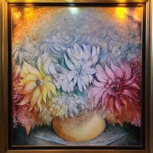 Gevorg Yeghiazaryan large canvas framed abstracted colourful contemporary flowers blue pink for sale