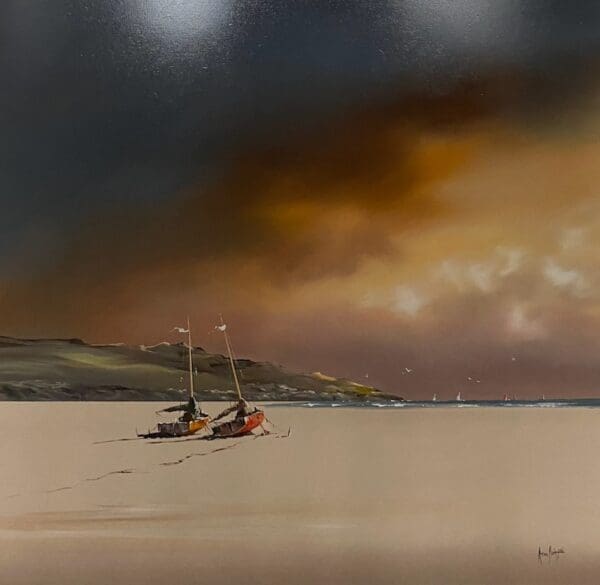 Allan Morgan beach landscape boats yachts sunset sunrise calm warm light seagulls serene contemporary oil board marine