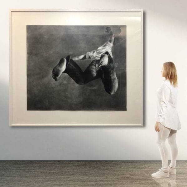 Patsy McArthur commissiong jump monochrome black white framed charcoal paper falling man photograph contemporary figurative